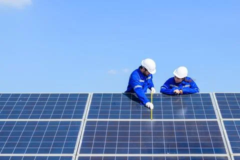 Solar panel station, Engineer installing solar panel at solar energy farm field 스톡 사진
