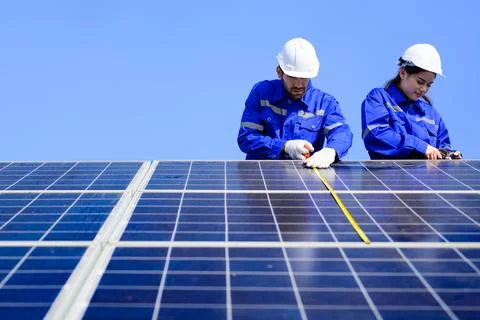 Solar panel station, Engineer installing solar panel at solar energy farm field Stock Photos