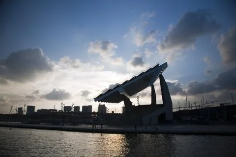 Solar Panel Structure at Port Forum, Barcelona During Sunset Stock Photos