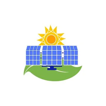 Solar panel with sun and leaf green energy logo Stock Illustration