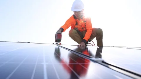 Solar panel technician with drill. Stock Footage 251036054