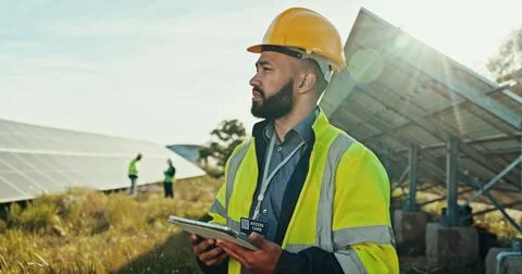 Solar panel, thinking and man with tablet, inspector and network with problem Stock Photos