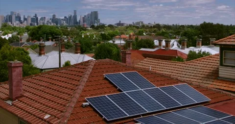 Solar panel time lapse day time with city background - 4k Stock Footage 146763914
