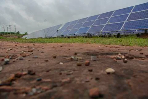 The solar panel tracking system with cloud storm in evening Stock Photos