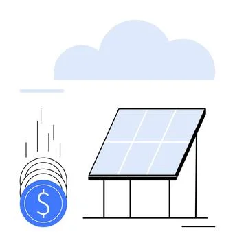 Solar Panel Under Cloudy Sky with Falling Dollar Coins Indicating Cost Savi.. Stock Illustration