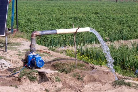 Solar panel water pump irrigation system in rural agricultural field 스톡 사진