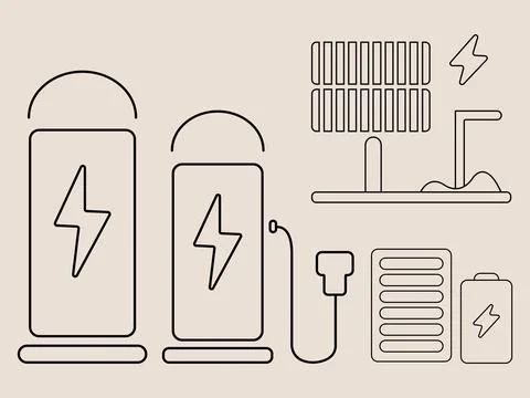 Solar panel wind turbine battery power and Sustainable energy line art Stock Illustration