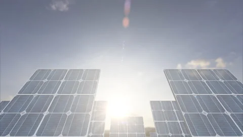 Solar panels 3D in the evening sunset timelapse background. Solar cell farm p Stock Footage 131066511