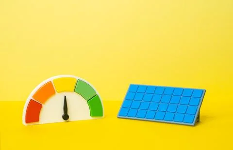 Solar panels and average efficiency indicators. Moderate electricity generati 库存照片