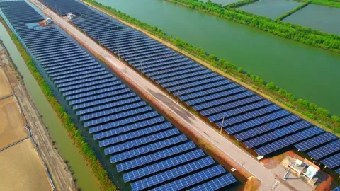 Solar panels and salt fields. Innovation of renewable clean energy Video stock 219396830