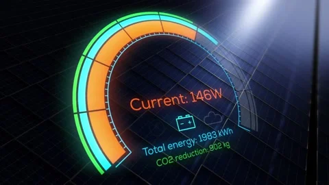 Solar panels and screen showing current power and CO2 reduction. Green Stock Footage 155152873