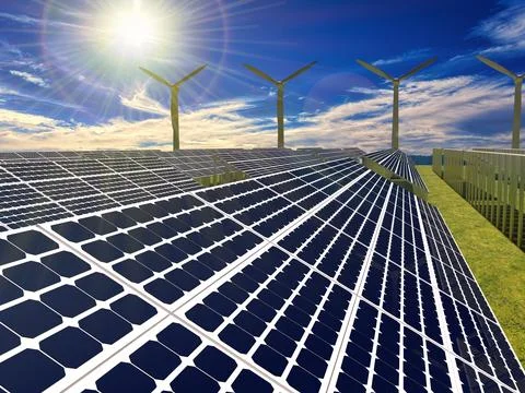 Solar panels and wind power generation and aerial photo of new energy Stock Illustration