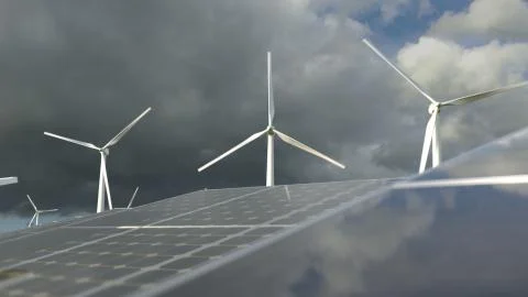 Solar Panels And Wind Power Plant Stock Photos