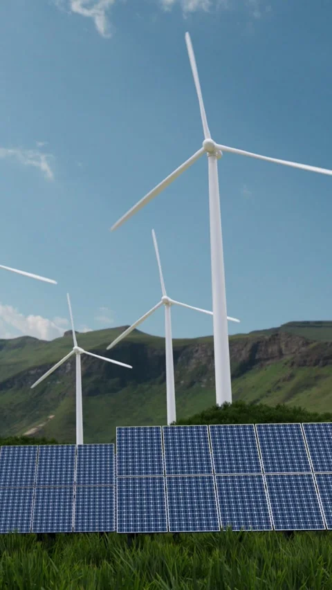 Solar panels and wind turbines in a green mountain landscape  库存影片 331320868