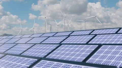 Solar panels and wind turbines producing green energy Stock Footage 341032250