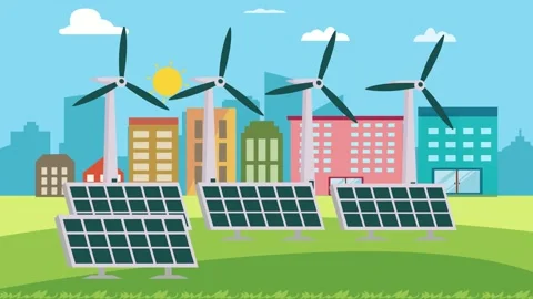 Solar panels and windmills giving energy to city Stock Footage 152497309