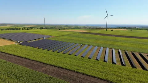 Solar panels arranged in rows across vibrant green fields, showcasing renewable Stock Footage 319535641