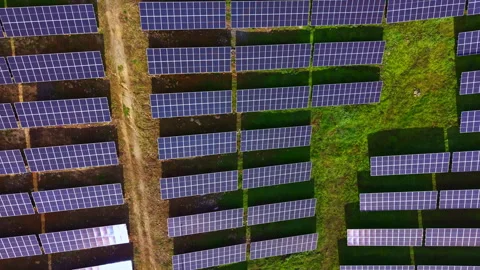 Solar panels array basking under the sun in a vibrant green field, a testament Stock Footage 331266662