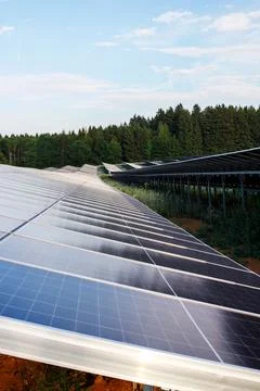 Solar panels array stretching across hills near a green forest Stock Photos
