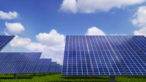 Solar panels batteries on background clouds blue sky. Concept of clean energy Stock Footage 168617036