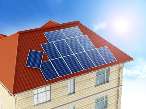 Solar panels being installed on building rooftop. 3D illustration Ilustración de archivo