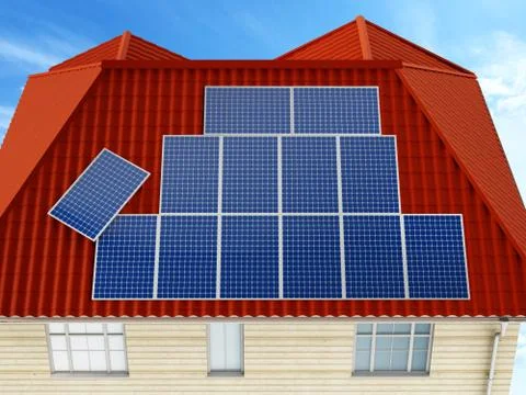 Solar panels being installed on building rooftop. 3D illustration Ilustración de archivo