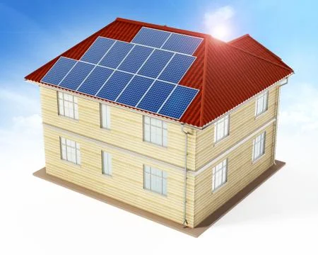 Solar panels being installed on building rooftop. 3D illustration Ilustración de archivo