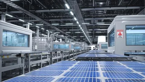 Solar panels being moved on conveyor belts in green technology factory, render Stock Illustration