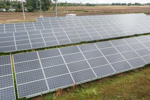 Solar panels on blue sky background, close up Stock Photos