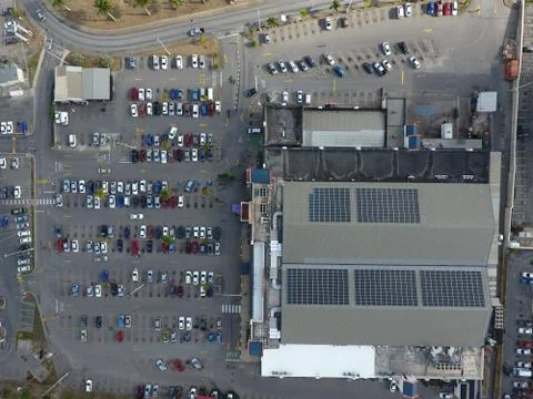 Solar Panels on buildings in City, Innovative Renewable energy in Business Stock Photos