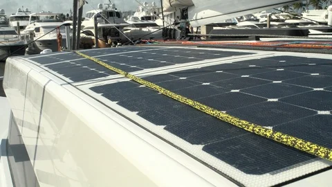 Solar panels on a catamaran docked. Stock Footage 89991552
