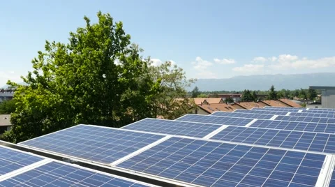 Solar panels with city in background Stock Footage 68519759