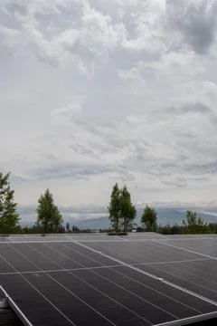 Solar panels with cloudy sky and natural vegetation in rural landscape Stock Photos