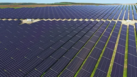 Solar panels cover land in a large array, showing rows of panels reaching the Video stock 337874375