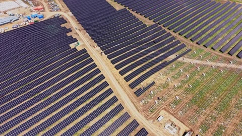 Solar panels cover land in renewable energy project near fields Video stock 338240664