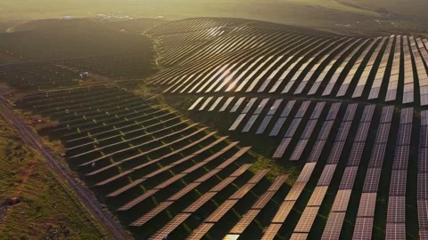 Solar panels cover large area in green landscape for energy production Vidéo 329996228
