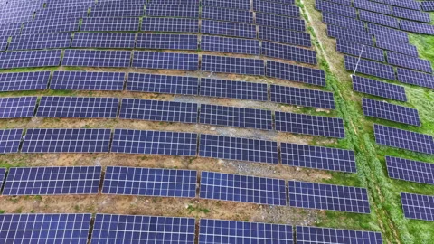 Solar panels cover a large field in a renewable energy project in an open area Stock Footage 340179764