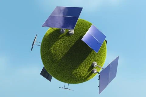 Solar panels of different sizes placed on a green sphere with grass Stock Photos