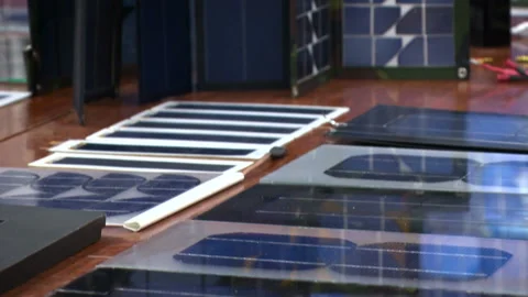 Solar panels. Different types and sizes. Solar panels for obtaining electric Stock Footage 93897061