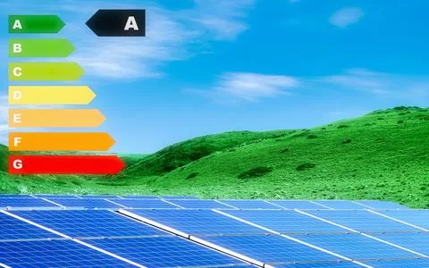 Solar panels displaying energy efficiency rating in a lush green landscape .. Stock Photos
