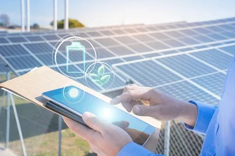 Solar panels engineering with technology check insurance, installation or Stock Photos