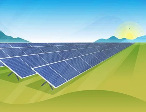 Solar panels farm in green fields during sunrise Stock Illustration