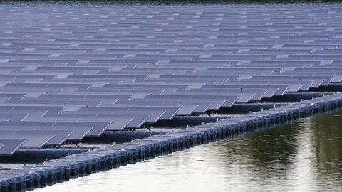 Solar Panels Farm Top Of The Pond With Sunlight Stockbeeldmateriaal 191507961