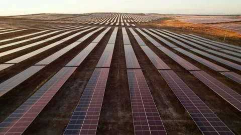 Solar panels. Flying over a solar power plant at sunset. Aerial view Stock Footage 158374329
