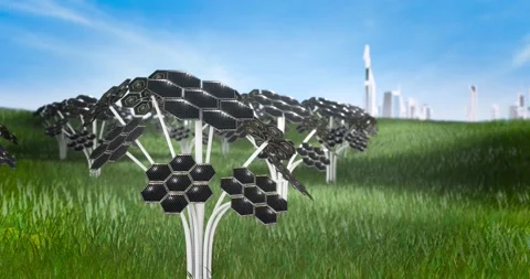 Solar panels in the form of a tree in a field with green grass 库存影片 200204408