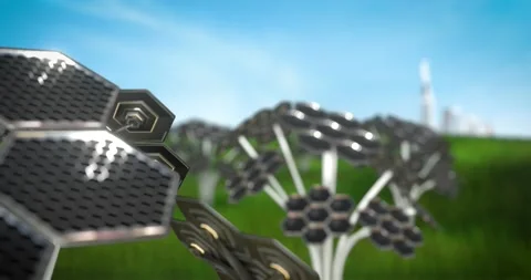 Solar panels in the form of a tree in a field 库存影片 200204424