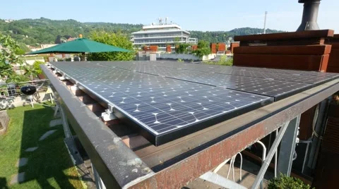 Solar panels with garden in background Stock Footage 68695518