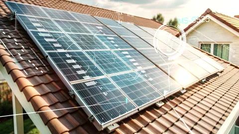 Solar panels generating clean energy on a residential roof with data overlay Видео 317779337