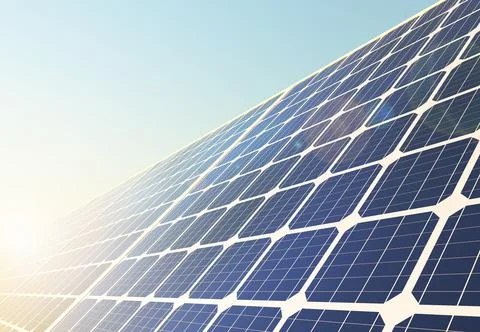 Solar panels for generating electricity against a blue sky. 3d render. Illustrazione stock