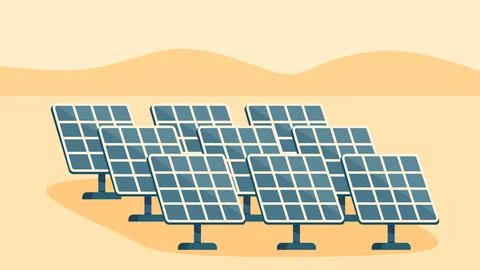 Solar panels generating renewable energy under bright sun in a desert setti.. Stock Illustration